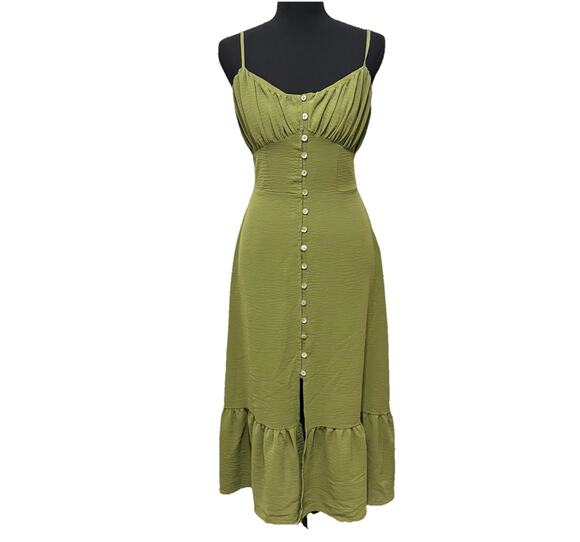 FOREVER 21 Dresses & Skirts - Forever 21 Olive Green Midi Dress L Sweetheart Button Front Cottagecore